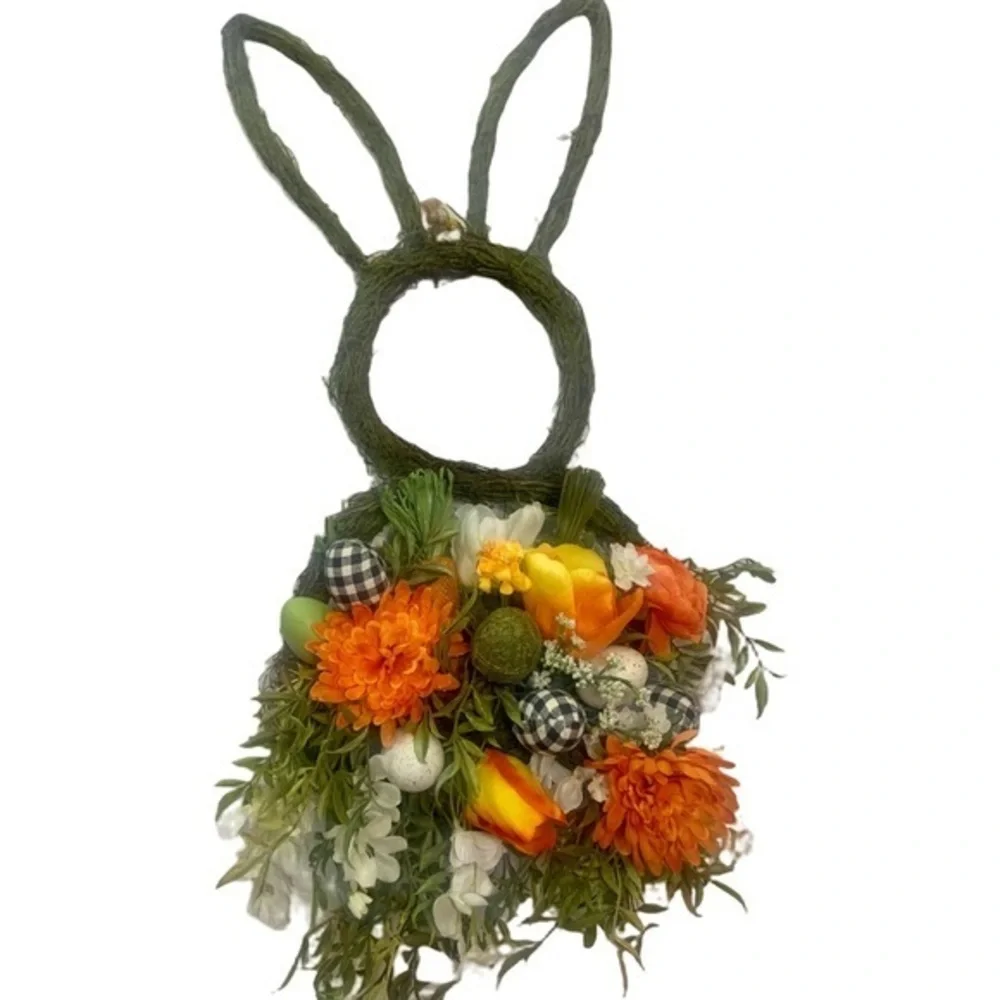 Easter Bunny Shaped Moss Floral Spring Orange Wreath Farmhouse Black White Plaid